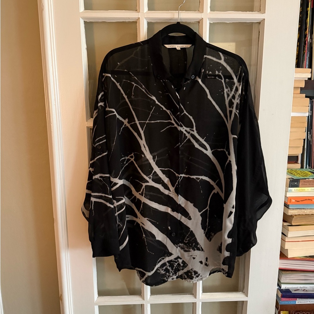 RACHEL Rachel Roy Black Sheer Button-Down Top with White Tree Branch Print